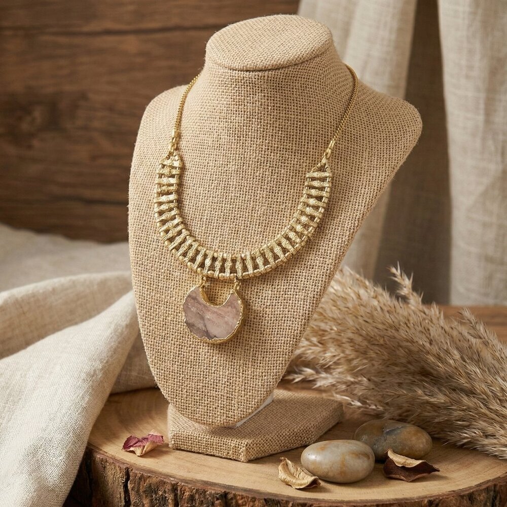Handmade Indian Artisan Boho Statement Necklace - Antique Gold & Natural Stone